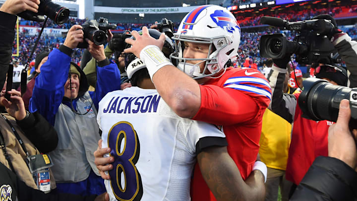 Dec 8, 2019; Orchard Park, NY, USA; Baltimore Ravens quarterback Lamar Jackson (8) and Buffalo Bills quarterback Josh Allen (17) embrace following the game at New Era Field. Mandatory Credit: Rich Barnes-Imagn Images