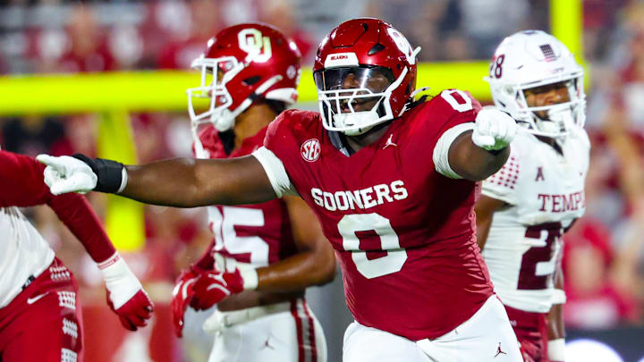 Aug 30, 2024; Norman, Oklahoma, USA;  Oklahoma Sooners defensive lineman David Stone (0) reacts during the second half against the Temple Owls at Gaylord Family-Oklahoma Memorial Stadium. Mandatory Credit: Kevin Jairaj-Imagn Images