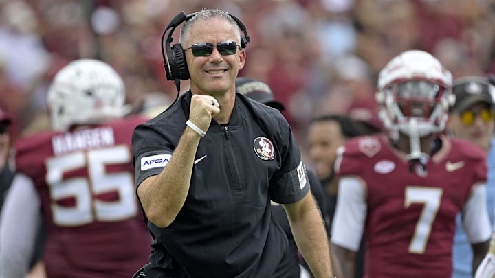 Sep 20, 2025; Tallahassee, Florida, USA; Florida State Seminoles head coach Mike Norvell reacts after a touchdown during the first half against the Kent State Golden Flashes at Doak S. Campbell Stadium. Mandatory Credit: Melina Myers-Imagn Images