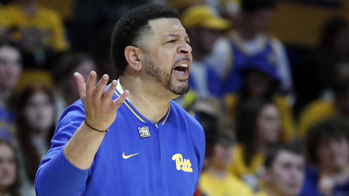 Mar 8, 2025; Pittsburgh, Pennsylvania, USA;  Pittsburgh Panthers head coach Jeff Capel reacts on the sidelines against the Boston College Eagles during the second half at the Petersen Events Center. Mandatory Credit: Charles LeClaire-Imagn Images