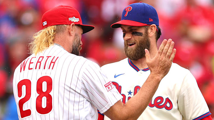 Former Philadelphia Phillies outfielder Jayson Werth with current first baseman Bryce Harper