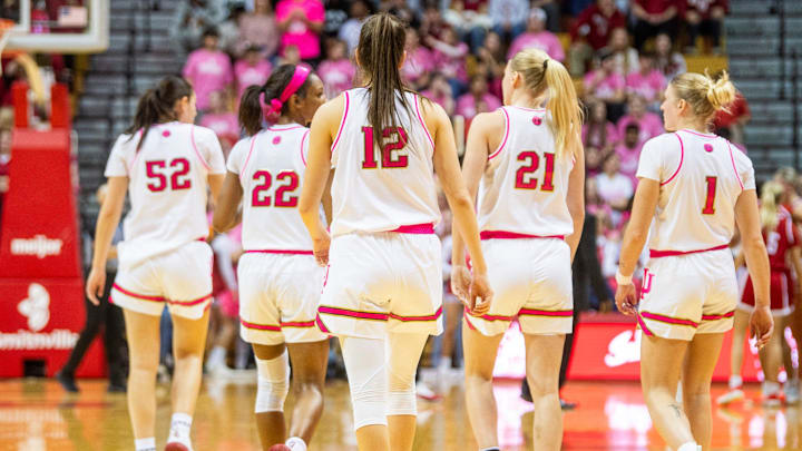 Indiana's Yarden Garzon (12) and the Hoosiers head back onto the floor during the Indiana versus Nebraska women's basketball game at Simon Skjodt Assembly Hall on Sunday, Feb. 2, 2025.