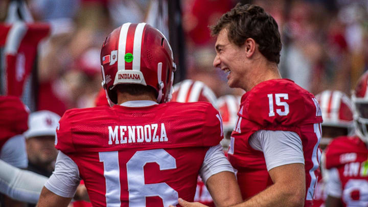 Indiana's Alberto Mendoza (16) and Fernando Mendoza (15) celebrate Alberto's touchdown pass during the Indiana versus Kennesaw State Big Ten football game at Memorial Stadium on Saturday, Sept. 6, 2025.