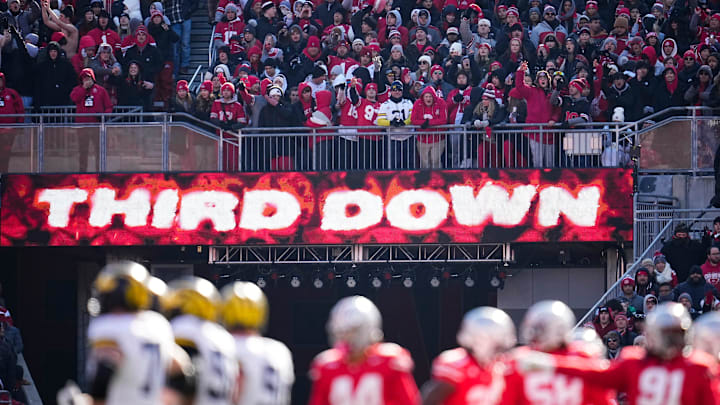 Michigan Wolverines lines up their offense for a third down play during the NCAA football game against the Ohio State Buckeyes at Ohio Stadium in Columbus on Tuesday, Dec. 3, 2024. Michigan won 13-10.