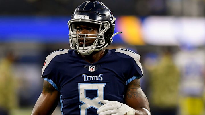 Tennessee Titans running back Adrian Peterson (8) takes the field before facing the Rams at SoFI Stadium Sunday, Nov. 7, 2021 in Inglewood, Calif.

Titans Rams 014
