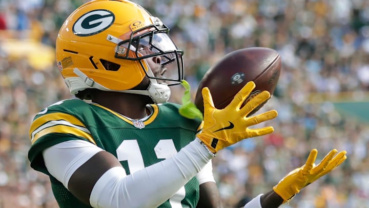 Green Bay Packers wide receiver Jayden Reed (11) catches a second quarter touchdown pass against the Detroit Lions on Sunday, September 7, 2025, at Lambeau Field in Green Bay, Wis.
Wm. Glasheen USA TODAY NETWORK-Wisconsin Green Bay Packers wide receiver Jayden Reed (11) catches a second quarter touchdown pass against the Detroit Lions on Sunday, September 7, 2025, at Lambeau Field in Green Bay, Wis.
Wm. Glasheen USA TODAY NETWORK-Wisconsin