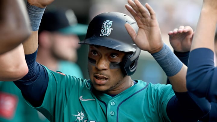 Jul 11, 2025; Detroit, Michigan, USA; Seattle Mariners second baseman Jorge Polanco (7) celebrates in the dugout after scoring a run against the Detroit Tigers in the second inning at Comerica Park. Mandatory Credit: Lon Horwedel-Imagn Images Jul 11, 2025; Detroit, Michigan, USA; Seattle Mariners second baseman Jorge Polanco (7) celebrates in the dugout after scoring a run against the Detroit Tigers in the second inning at Comerica Park. Mandatory Credit: Lon Horwedel-Imagn Images