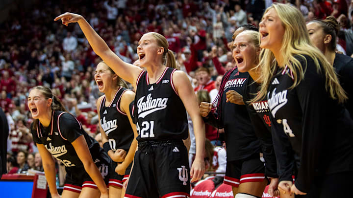 Indiana's Henna Sandvik (21) and the bench celebrate during the Indiana versus UCLA women's game at Simon Skjodt Assembly Hall on Saturday, Jan. 4, 2025.