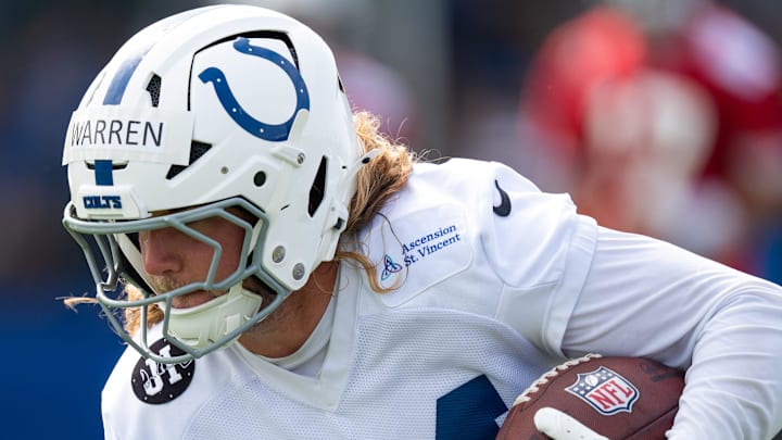Indianapolis Colts tight end Tyler Warren (84) catches a pass Friday, July 25, 2025, during training camp held at Grand Park in Westfield. Indianapolis Colts tight end Tyler Warren (84) catches a pass Friday, July 25, 2025, during training camp held at Grand Park in Westfield.
