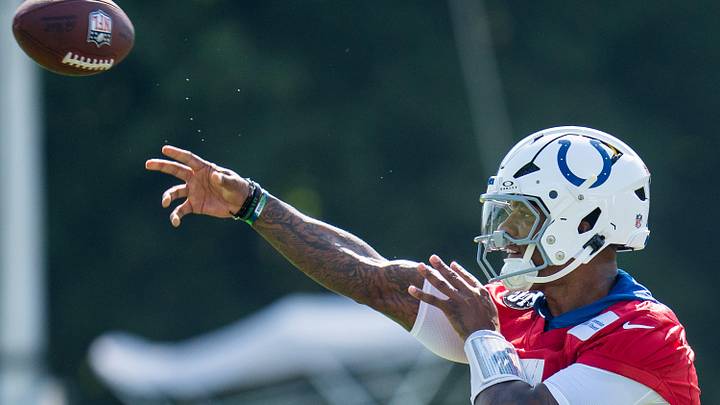 Indianapolis Colts quarterback Anthony Richardson Sr. (5) passes the ball Wednesday, July 23, 2025, during the first day of training camp held at Grand Park in Westfield. Indianapolis Colts quarterback Anthony Richardson Sr. (5) passes the ball Wednesday, July 23, 2025, during the first day of training camp held at Grand Park in Westfield.