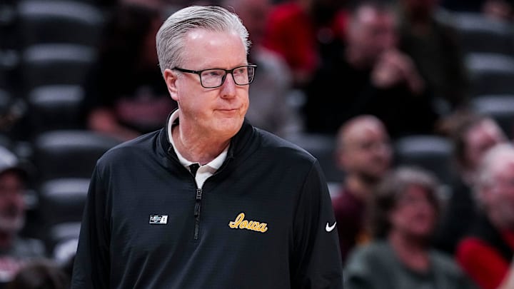 Iowa Hawkeyes head coach Fran McCaffery watches the action Wednesday, March 12, 2025, in a first round game at the 2025 TIAA Big Ten Men’s Basketball Tournament between the Iowa Hawkeyes and the Ohio State Buckeyes at Gainbridge Fieldhouse in Indianapolis.
