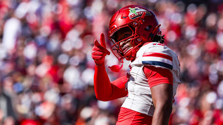 Oct 4, 2025; Tucson, Arizona, USA; Arizona Wildcats wide receiver Tre Spivey (12) celebrates after a play during the third quarter of the game against the Oklahoma State Cowboys at Arizona Stadium. Mandatory Credit: Aryanna Frank-Imagn Images
