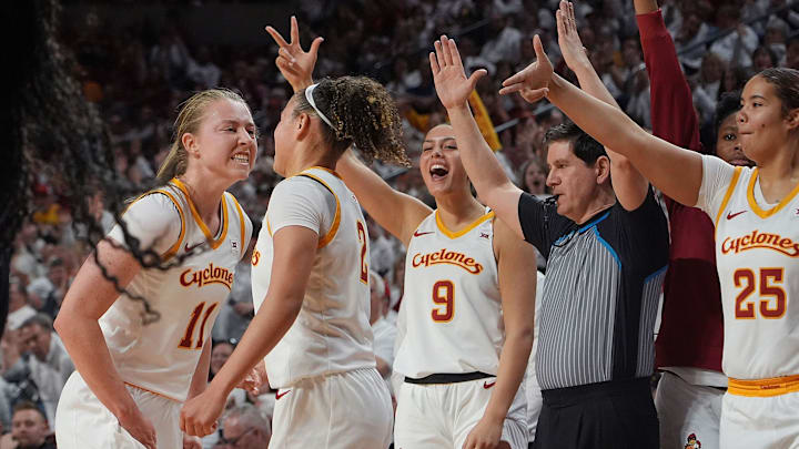 Iowa State Cyclones' guard Arianna Jackson (2) celebrates with Iowa State Cyclones' guard Emily Ryan (11) after making a three-point shot during the third quarter in the Big-12 women’s basketball at Hilton Coliseum on Saturday, Feb. 8, 2025, in Ames, Iowa. Iowa State Cyclones' guard Arianna Jackson (2) celebrates with Iowa State Cyclones' guard Emily Ryan (11) after making a three-point shot during the third quarter in the Big-12 women’s basketball at Hilton Coliseum on Saturday, Feb. 8, 2025, in Ames, Iowa.