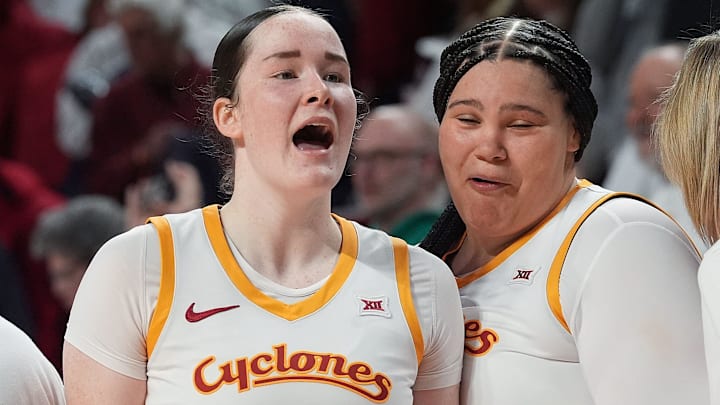 Iowa State Cyclones' forward Addy Brown (24) and Iowa State Cyclones' center Audi Crooks (55) celebrate after winning 86-56 over Colorado in the Big-12 women’s basketball at Hilton Coliseum on Saturday, Feb. 8, 2025, in Ames, Iowa.