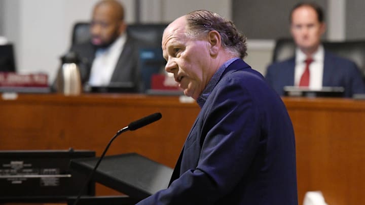Jaguars president Mark Lamping answers some last minute questions by city council members ahead of Tuesday's vote on the stadium renovation deal. By a vote of 14 to 1 with two members abstaining and two absent, Jacksonville's City Council voted to approve the city's stadium renovation deal with the Jacksonville Jaguars at the end of the City Council meeting Tuesday evening, June 25, 2024. [Bob Self/Florida Times-Union]