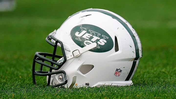 July 29, 2012; Cortland, NY, USA; A general view of a New York Jets helmet on the ground during training camp at SUNY Cortland. Mandatory Credit: Rich Barnes-Imagn Images