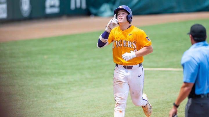 Tigers catcher Brady Neal 16 scores a run as The LSU Tigers take on Texas A & M. Sunday, May 5, 2024.