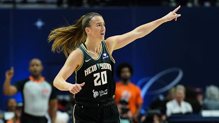 Aug 3, 2025; Uncasville, Connecticut, USA; New York Liberty guard Sabrina Ionescu (20) returns up court against the Connecticut Sun in the first half at Mohegan Sun Arena. Mandatory Credit: David Butler II-Imagn Images Aug 3, 2025; Uncasville, Connecticut, USA; New York Liberty guard Sabrina Ionescu (20) returns up court against the Connecticut Sun in the first half at Mohegan Sun Arena. Mandatory Credit: David Butler II-Imagn Images