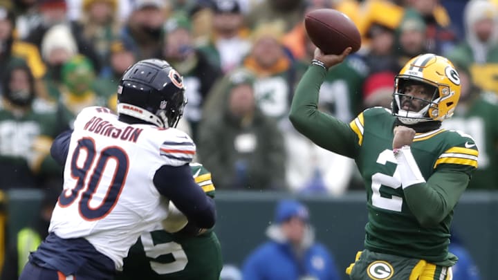 Green Bay Packers quarterback Malik Willis (2) throws a pass against the Chicago Bears on Sunday, January 5.