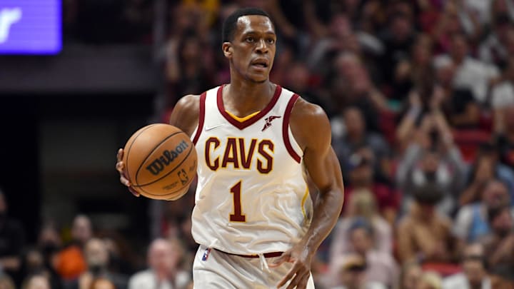 Mar 11, 2022; Miami, Florida, USA; Cleveland Cavaliers guard Rajon Rondo (1) brings the ball up the