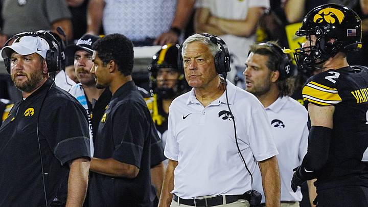 Iowa Hawkeyes head coach Kirk Ferentz watches from the sideline during the third quarter of the Cy-Hawk Series football game against Iowa State at Kinnick Stadium on Sept. 12, 2026, in Iowa City, Iowa.