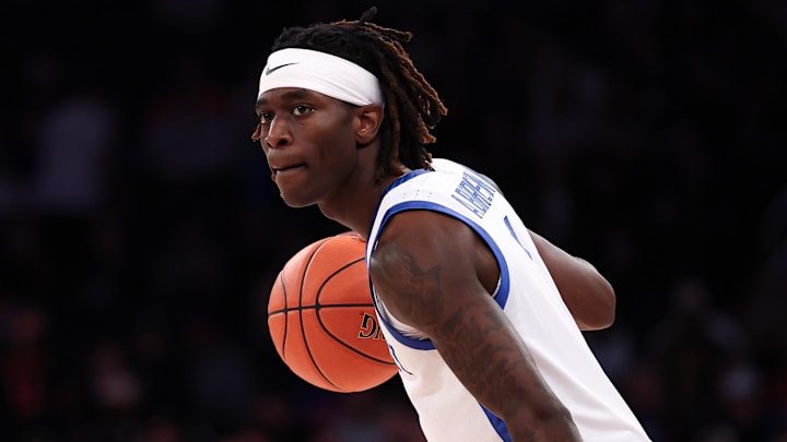 Nov 18, 2025; New York, New York, USA; Kentucky Wildcats guard Denzel Aberdeen (1) dribbles during the second half against the Michigan State Spartans at Madison Square Garden. Mandatory Credit: Vincent Carchietta-Imagn Images