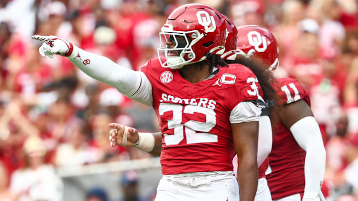 Sep 20, 2025; Norman, Oklahoma, USA;  Oklahoma Sooners defensive lineman R Mason Thomas (32) reacts after recording a sack during the third quarter against the Auburn Tigers at Gaylord Family-Oklahoma Memorial Stadium. 