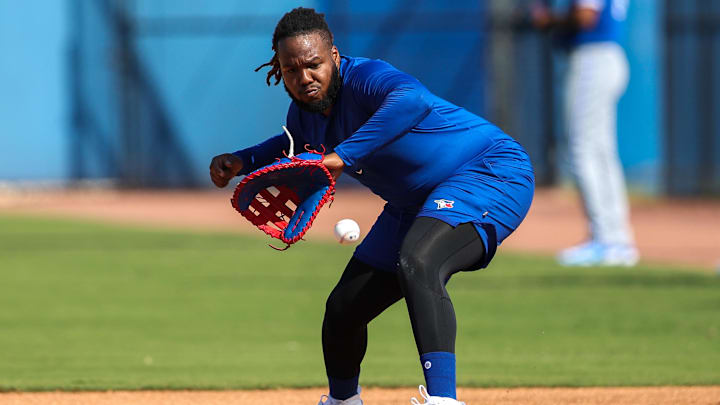 Feb 17, 2023; Dunedin, FL, USA;  Toronto Blue Jays first baseman Vladimir Guerrero Jr. (27)