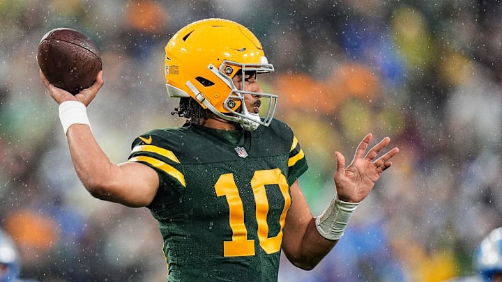 Green Bay Packers quarterback Jordan Love (10) makes a pass against Detroit Lions during the first half at Lambeau Field in Green Bay, Wis. on Sunday, Nov. 3, 2024.