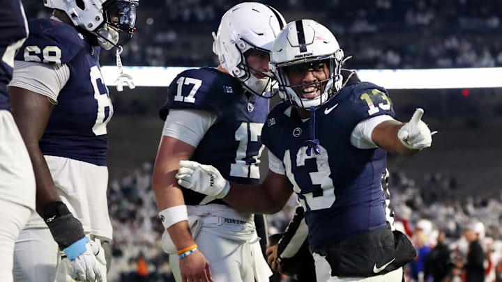 Penn State Nittany Lions running back Kaytron Allen (13) celebrates after scoring a touchdown during the fourth quarter against the Nebraska Cornhuskers at Beaver Stadium. 