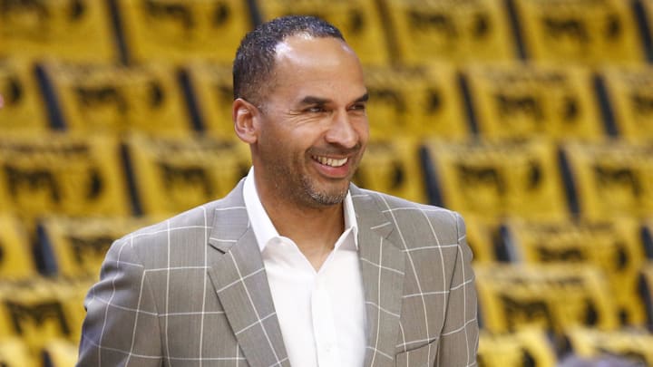 Apr 18, 2025; Memphis, Tennessee, USA; Dallas Mavericks general manager Nico Harrison watches warm ups prior to a game against the Memphis Grizzlies at FedExForum. Mandatory Credit: Petre Thomas-Imagn Images