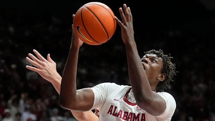 Jan 4, 2025; Tuscaloosa, AL, USA; Alabama forward Aiden Sherrell (22) gets an offensive rebound at Coleman Coliseum. Alabama defeated Oklahoma 107-79. Mandatory Credit: Gary Cosby Jr.-Tuscaloosa News