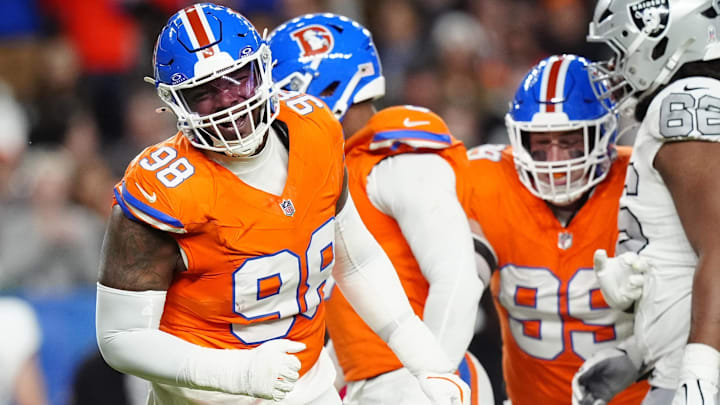 Denver Broncos defensive end John Franklin-Myers reacts against the Las Vegas Raiders.