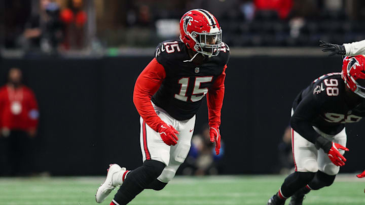 Dec 22, 2024; Atlanta, Georgia, USA; Atlanta Falcons linebacker Matthew Judon (15) rushes the passer against the New York Giants in the fourth quarter at Mercedes-Benz Stadium.