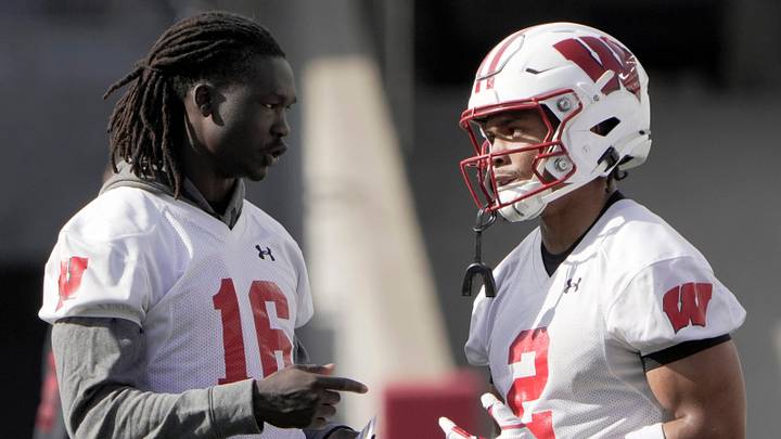 Wisconsin wide receivers Nate Coleman (16) and Chris Brooks Jr. are shown during spring football practice Tuesday, April 21, 2026 at Camp Randall Stadium in Madison, Wisconsin. Wisconsin wide receivers Nate Coleman (16) and Chris Brooks Jr. are shown during spring football practice Tuesday, April 21, 2026 at Camp Randall Stadium in Madison, Wisconsin.