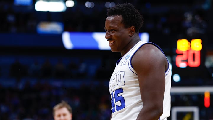 Mar 20, 2025; Denver, CO, USA; Brigham Young Cougars center Fousseyni Traore (45) reacts to a play against the VCU Rams during the second half in the first round of the NCAA Tournament at Ball Arena. Mandatory Credit: Isaiah J. Downing-Imagn Images