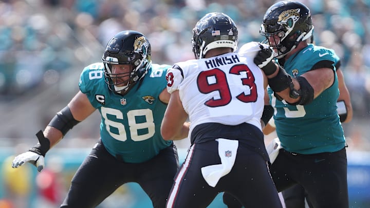 Brandon Scherff, Luke Fortner, Kurt Hinish,, Houston Texans v Jacksonville Jaguars, 2022