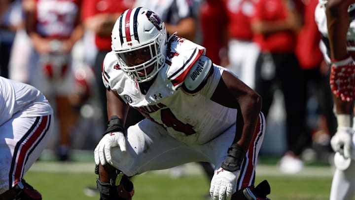 Oct 12, 2024; Tuscaloosa, Alabama, USA;  South Carolina Gamecocks offensive lineman Josiah Thompson (74) during the second half at Bryant-Denny Stadium. Mandatory Credit: Butch Dill-Imagn Images