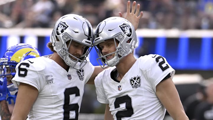 Oct 20, 2024; Inglewood, California, USA; Las Vegas Raiders holder AJ Cole (6) congratulates place kicker Daniel Carlson (2) after kicking a field goal against the Los Angeles Rams in the first half at SoFi Stadium. Mandatory Credit: Alex Gallardo-Imagn Images Oct 20, 2024; Inglewood, California, USA; Las Vegas Raiders holder AJ Cole (6) congratulates place kicker Daniel Carlson (2) after kicking a field goal against the Los Angeles Rams in the first half at SoFi Stadium. Mandatory Credit: Alex Gallardo-Imagn Images