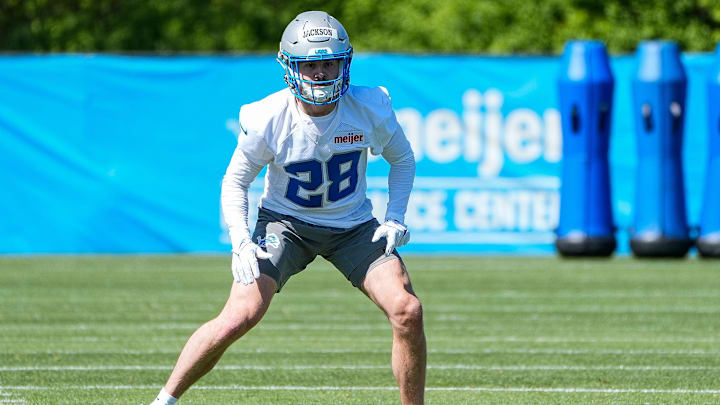 Detroit Lions safety Dan Jackson (28) practices during rookie mini camp at Meijer Performance Center in Allen Park on Friday, May 9, 2025.