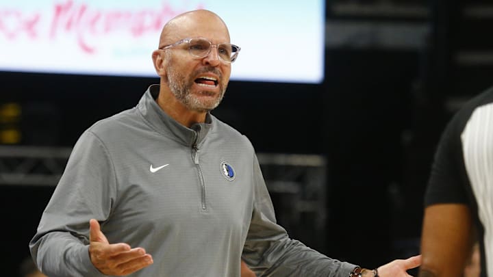 Apr 18, 2025; Memphis, Tennessee, USA; Dallas Mavericks head coach Jason Kidd reacts toward an official during the fourth quarter against the Memphis Grizzlies at FedExForum. Mandatory Credit: Petre Thomas-Imagn Images Apr 18, 2025; Memphis, Tennessee, USA; Dallas Mavericks head coach Jason Kidd reacts toward an official during the fourth quarter against the Memphis Grizzlies at FedExForum. Mandatory Credit: Petre Thomas-Imagn Images