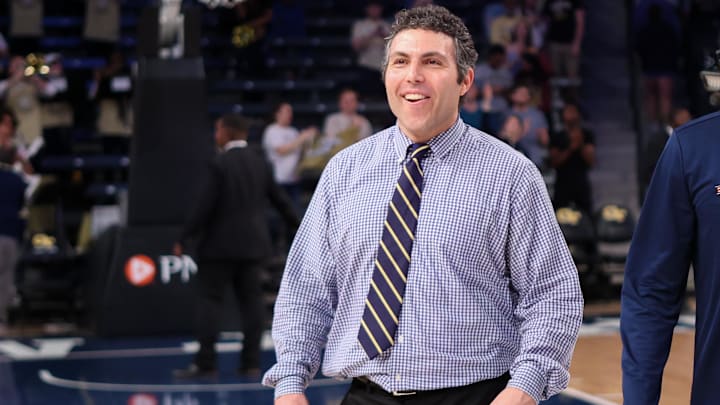Georgia Tech Yellow Jackets head coach Josh Pastner reacts after a victory against the Louisville Cardinals at McCamish Pavilion. Mandatory Credit: Brett Davis-Imagn Images