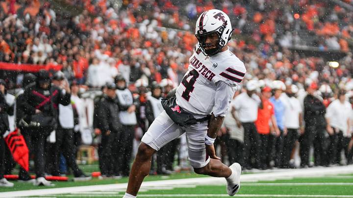 Texas Tech's Thomas Castellanos runs into the end zone. Texas Tech's Thomas Castellanos runs into the end zone.