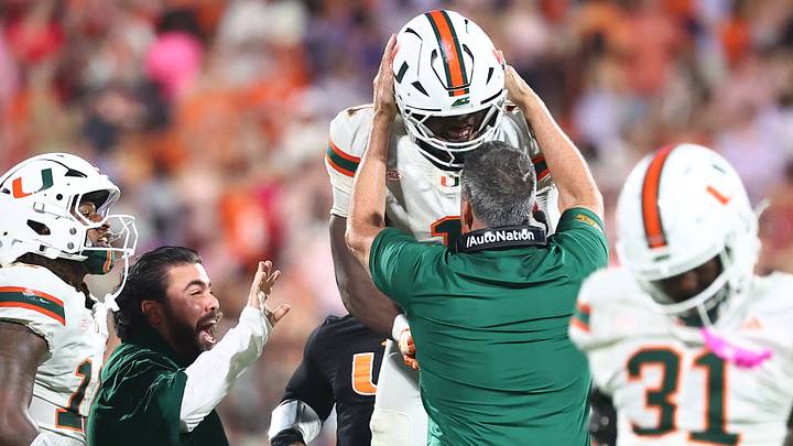 Oct 3, 2026; Clemson, South Carolina, USA;  Miami Hurricanes head coach Mario Cristobal celebrates after a fumble recovery against the Clemson Tigers during the third quarter at Memorial Stadium.  Mandatory Credit: Ashley Tumlin-Imagn Images