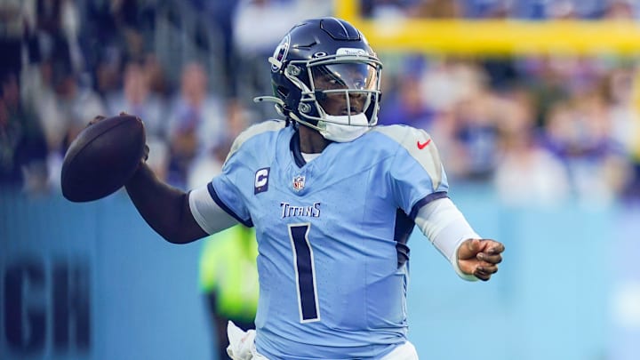 Tennessee Titans quarterback Cam Ward (1) looks to pass during the fourth quarter against the Seattle Seahawks at Nissan Stadium in Nashville, Tenn., Sunday, Nov. 23, 2025.