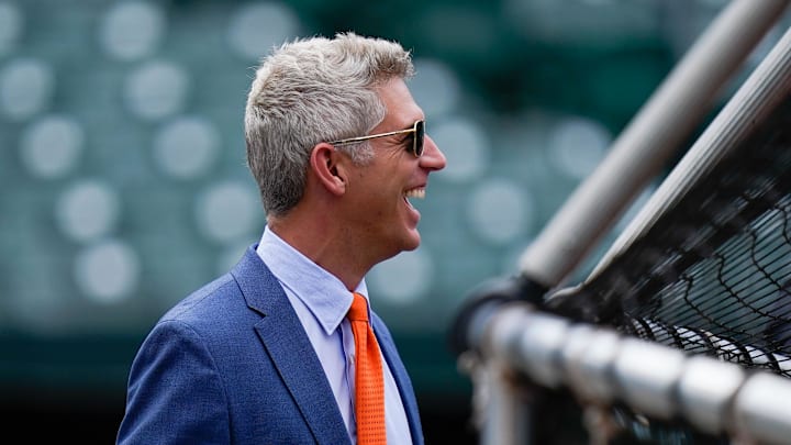 Jul 27, 2022; Baltimore, Maryland, USA; Baltimore Orioles general manager Mike Elias reacts on the field before the game between the Baltimore Orioles and the Tampa Bay Rays. Jul 27, 2022; Baltimore, Maryland, USA; Baltimore Orioles general manager Mike Elias reacts on the field before the game between the Baltimore Orioles and the Tampa Bay Rays.