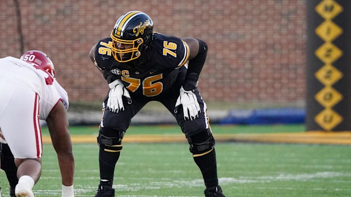 Nov 25, 2022; Columbia, Missouri, USA; Missouri Tigers offensive lineman Javon Foster (76) on the