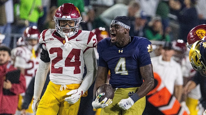 Oct 18, 2025; South Bend, Indiana, USA; Notre Dame Fighting Irish running back Jeremiyah Love (4) celebrates a run in the first half against the Southern California Trojans at Notre Dame Stadium. Oct 18, 2025; South Bend, Indiana, USA; Notre Dame Fighting Irish running back Jeremiyah Love (4) celebrates a run in the first half against the Southern California Trojans at Notre Dame Stadium.