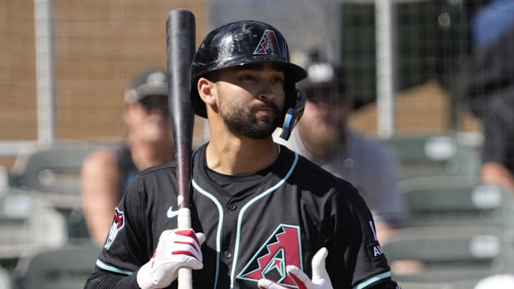 Arizona Diamondbacks shortstop Jordan Lawlar (10) prepares to bat against the Cleveland Guardians during a spring training game at Salt River Fields on Feb. 24, 2025.