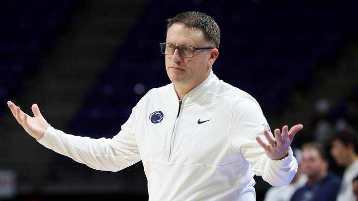 Mar 4, 2026; University Park, Pennsylvania, USA; Penn State Nittany Lions head coach Mike Rhoades gestures from the bench during the second half against the Ohio State Buckeyes at Bryce Jordan Center. Mandatory Credit: Matthew O'Haren-Imagn Images